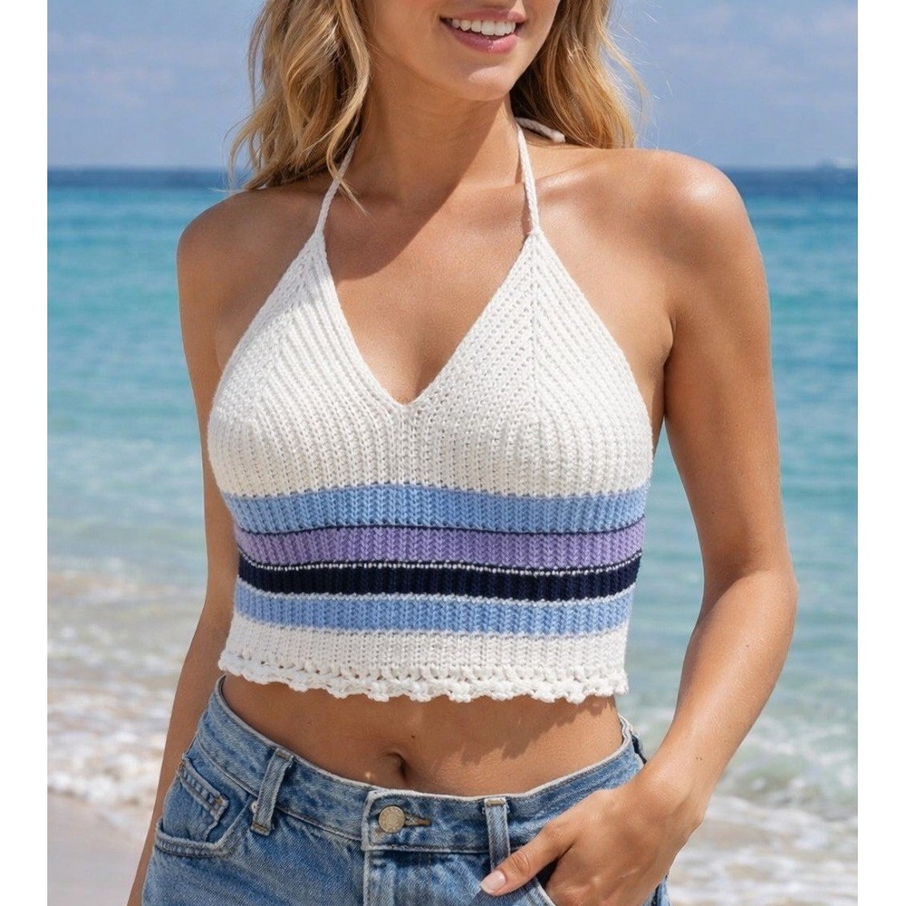 No Comment ny la Plus White Striped Crochet Halter Blue Purple Boho 2X EUC